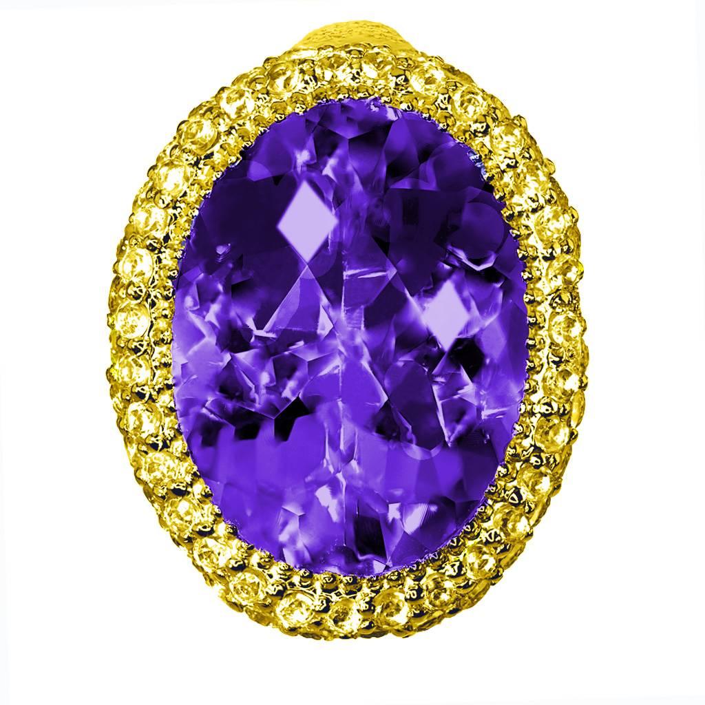 Alex Soldier's Cocktail Ring is made in 18 karat yellow gold with 9 carats of amethyst and 2.2 carats of yellow sapphires. This gorgeous ring features Alex Soldier's signature metalwork. Handmade in NYC. One of a kind. Ring size: 7. Complimentary
