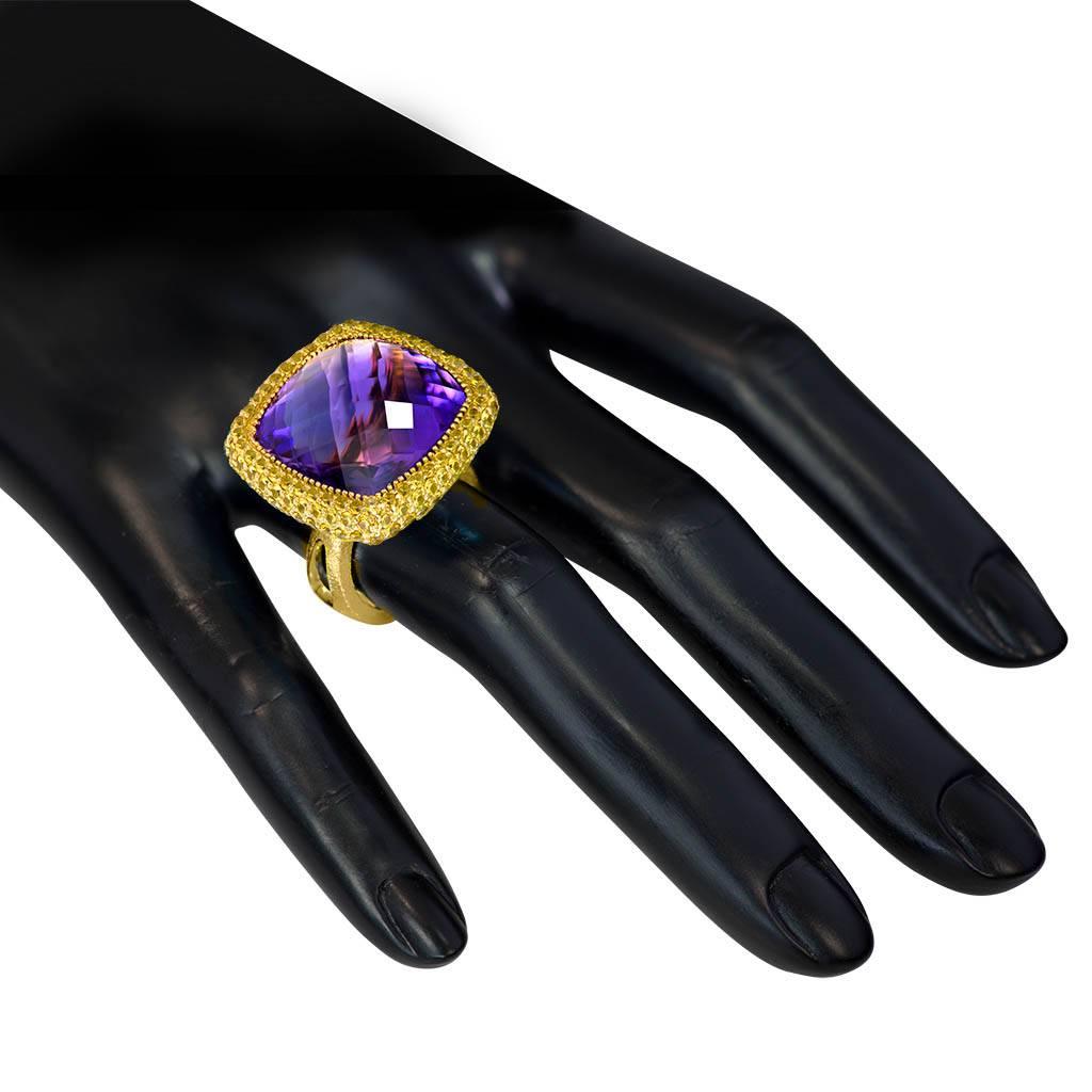 Amethyst Sapphire Yellow Gold Textured Cocktail Ring One of a Kind 1