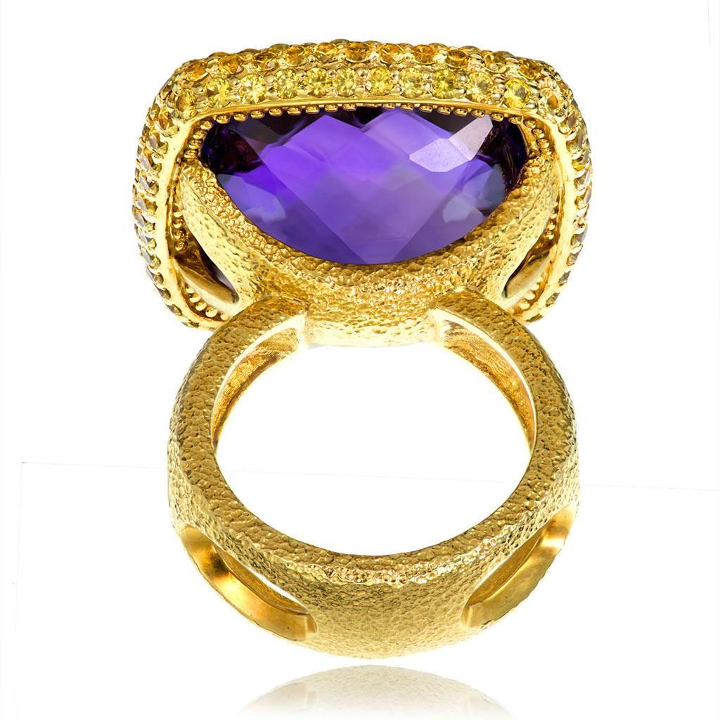 Women's Amethyst Sapphire Yellow Gold Textured Cocktail Ring One of a Kind
