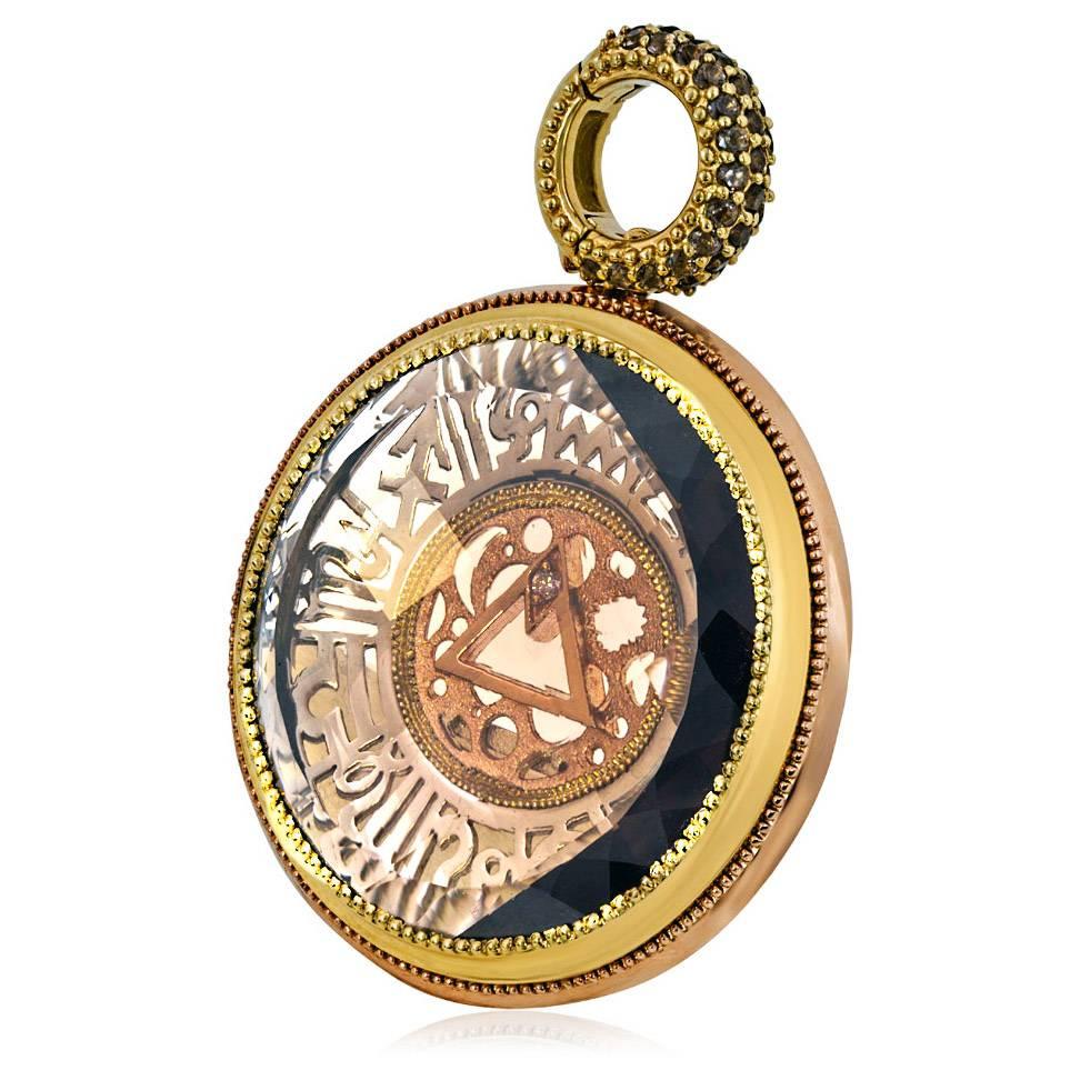 Round Cut Smoky Topaz Diamond Gold Talisman Pendant Necklace Enhancer One of a kind