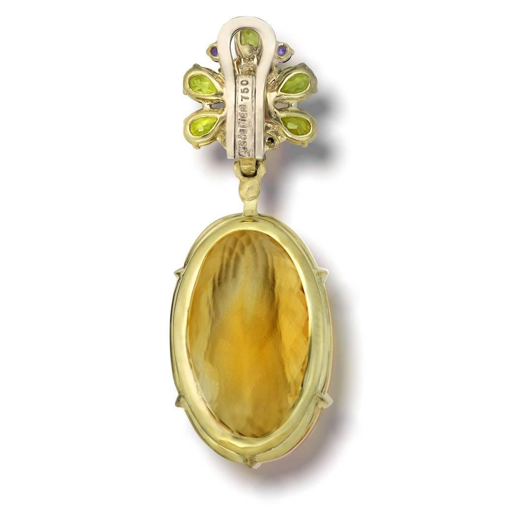 Citrine Peridot Amethyst Diamond Gold Drop Earrings One of a Kind In New Condition In New York, NY