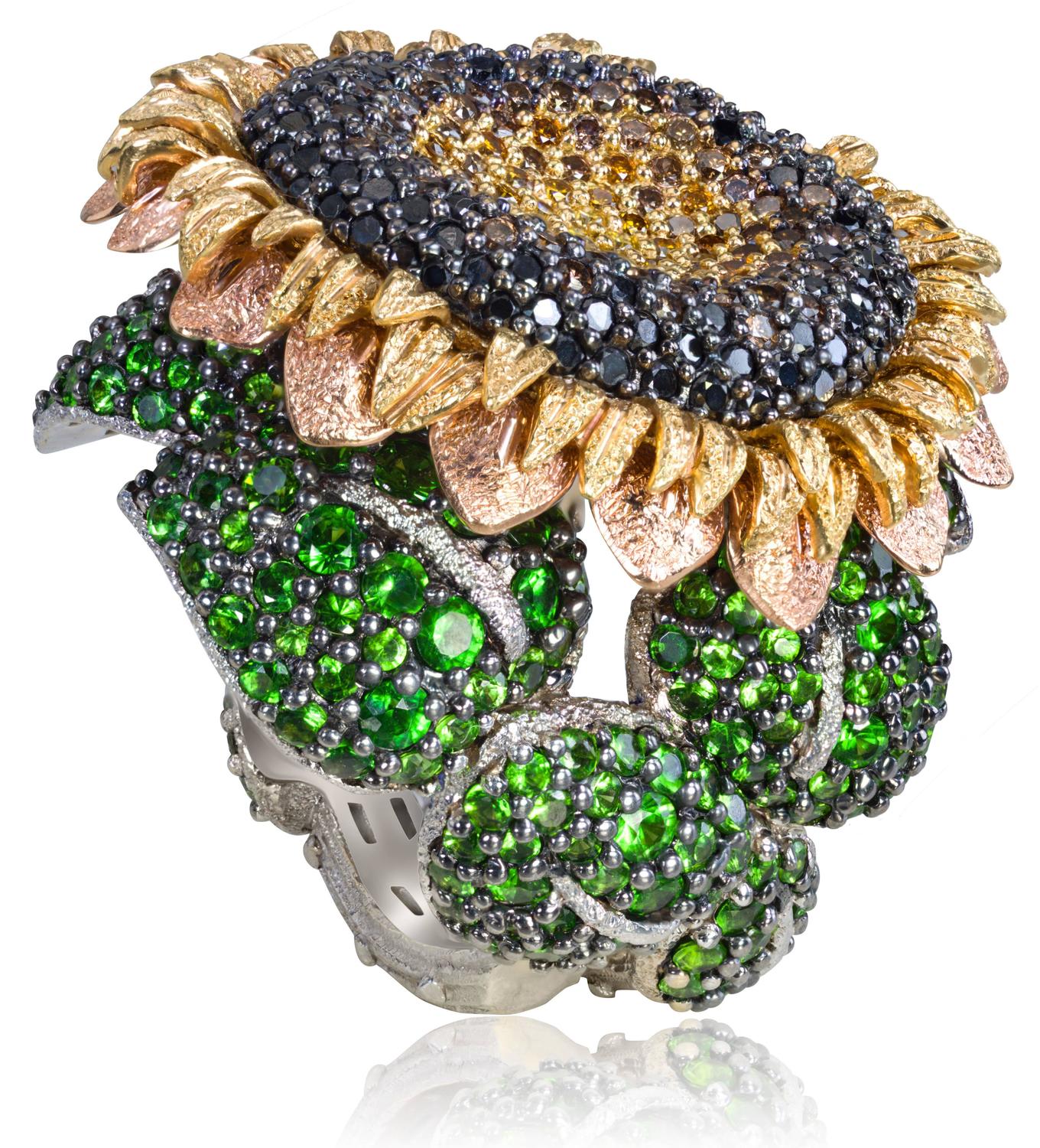 Diamond Tsavorite Gold Sunflower Ring by Alex Soldier. Handmade in NYC