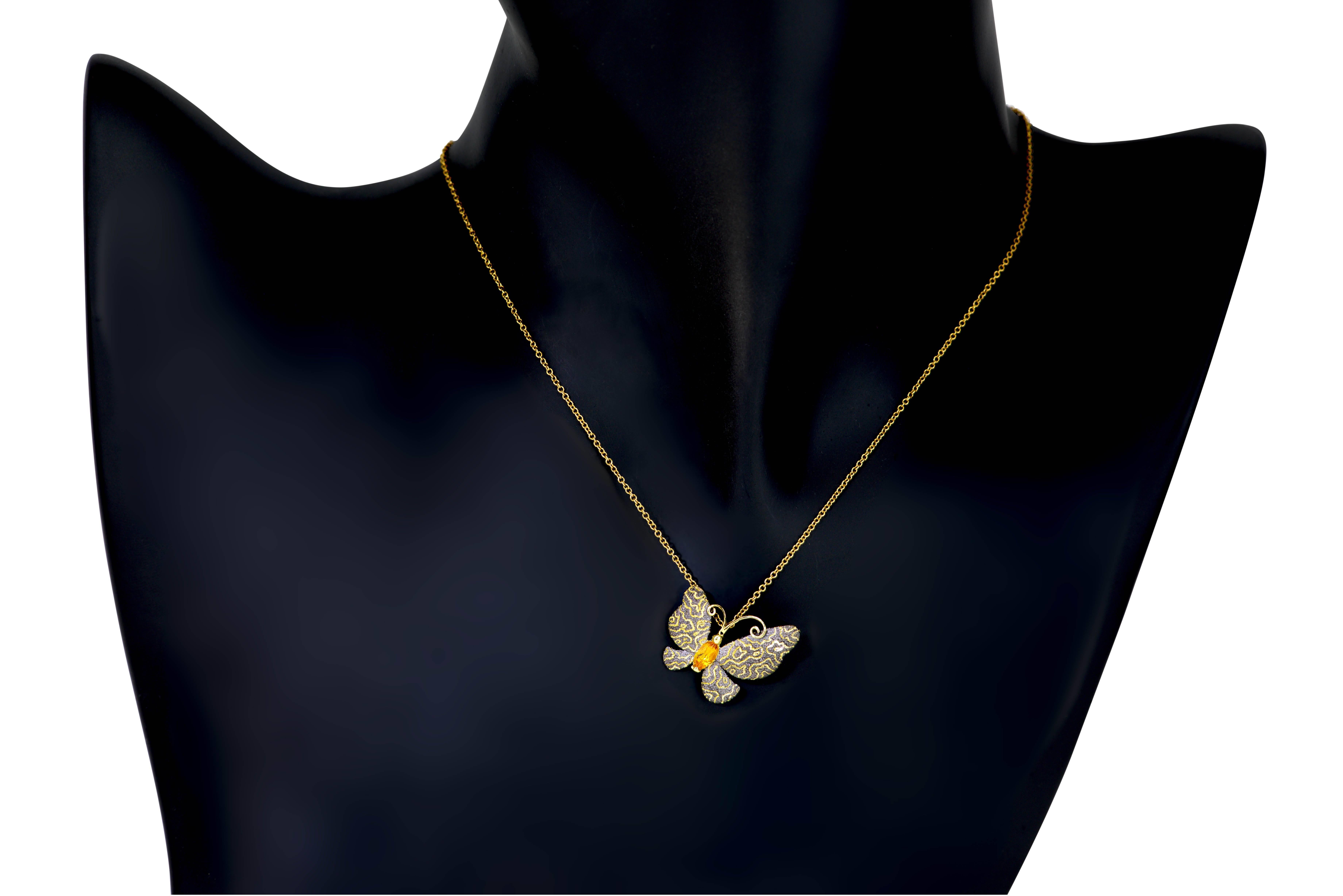 Alex Soldier Citrine Yellow Gold Butterfly Pendant Necklace Pin On Gold Chain  In New Condition In New York, NY