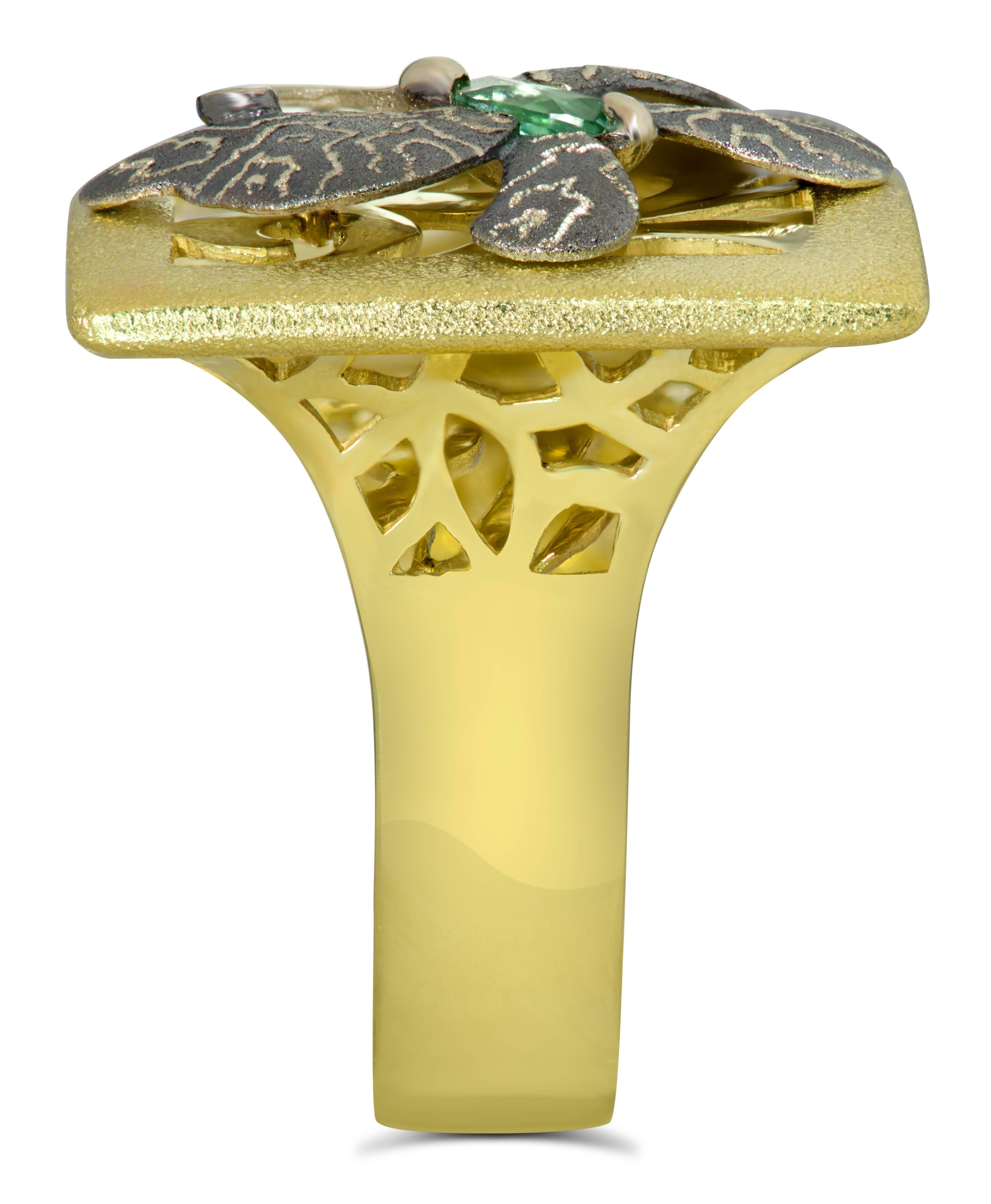 Alex Soldier Tourmaline Yellow Gold Butterfly Textured Ring One Of A Kind In New Condition In New York, NY