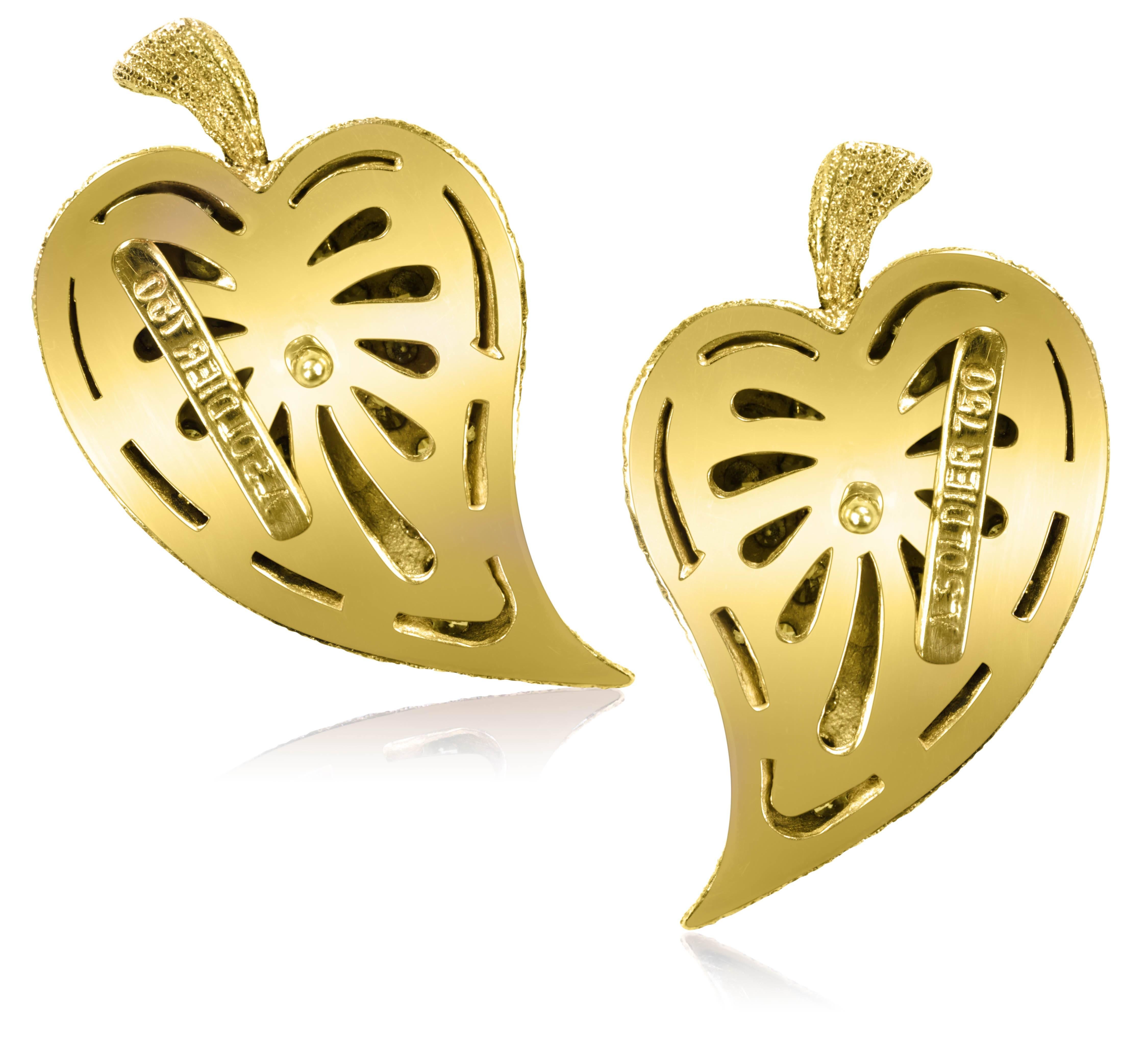 Women's Alex Soldier Diamond Yellow Gold Textured Leaf Earrings Ltd Ed Handmade in NYC 