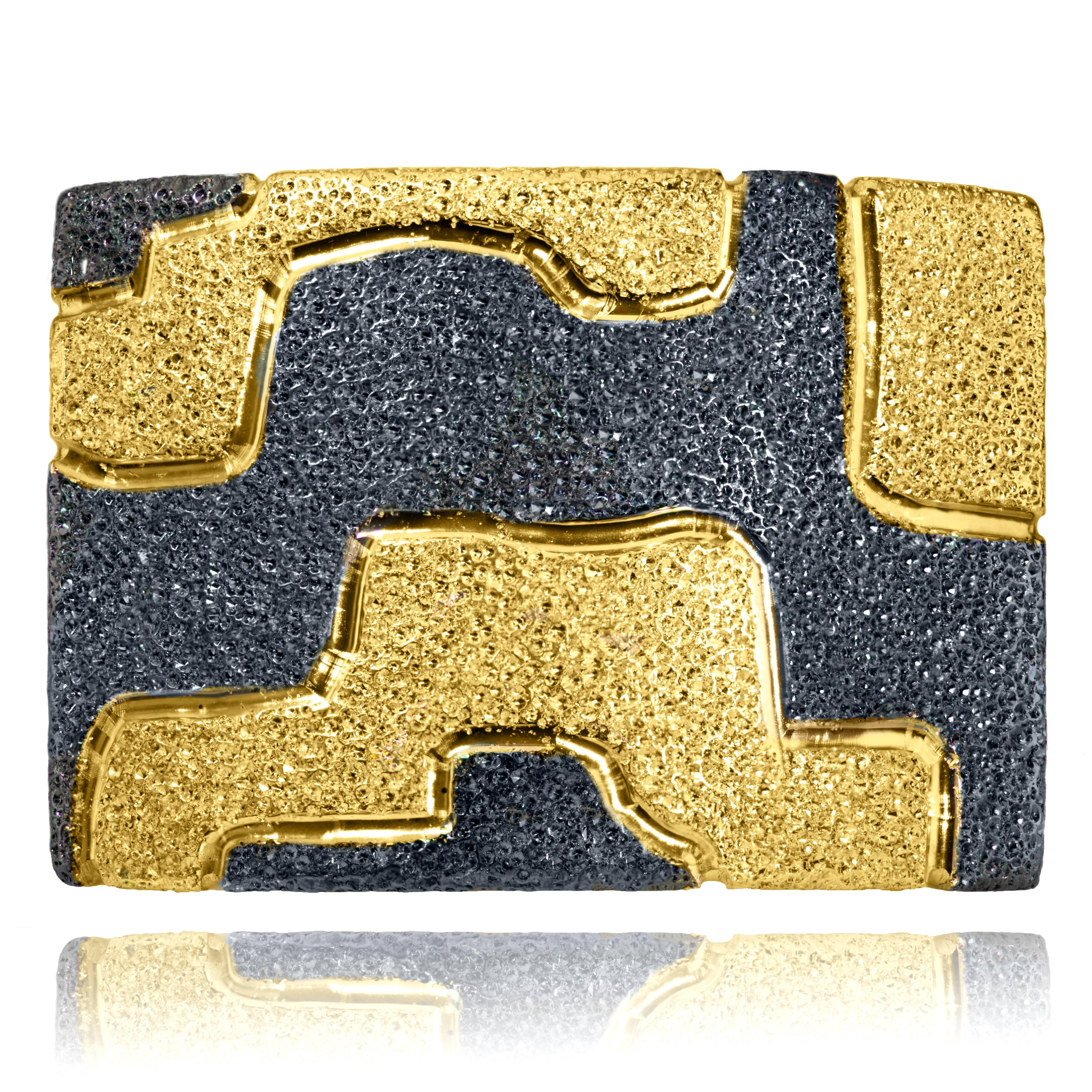 Alex Soldier Crossroad ring is made in silver with 24k yellow gold and dark platinum (rhodium) infusion (deep plating). Handmade in NYC, it features proprietary metalwork that creates an illusion of a diamond inlay. Size 6.5. Complimentary ring