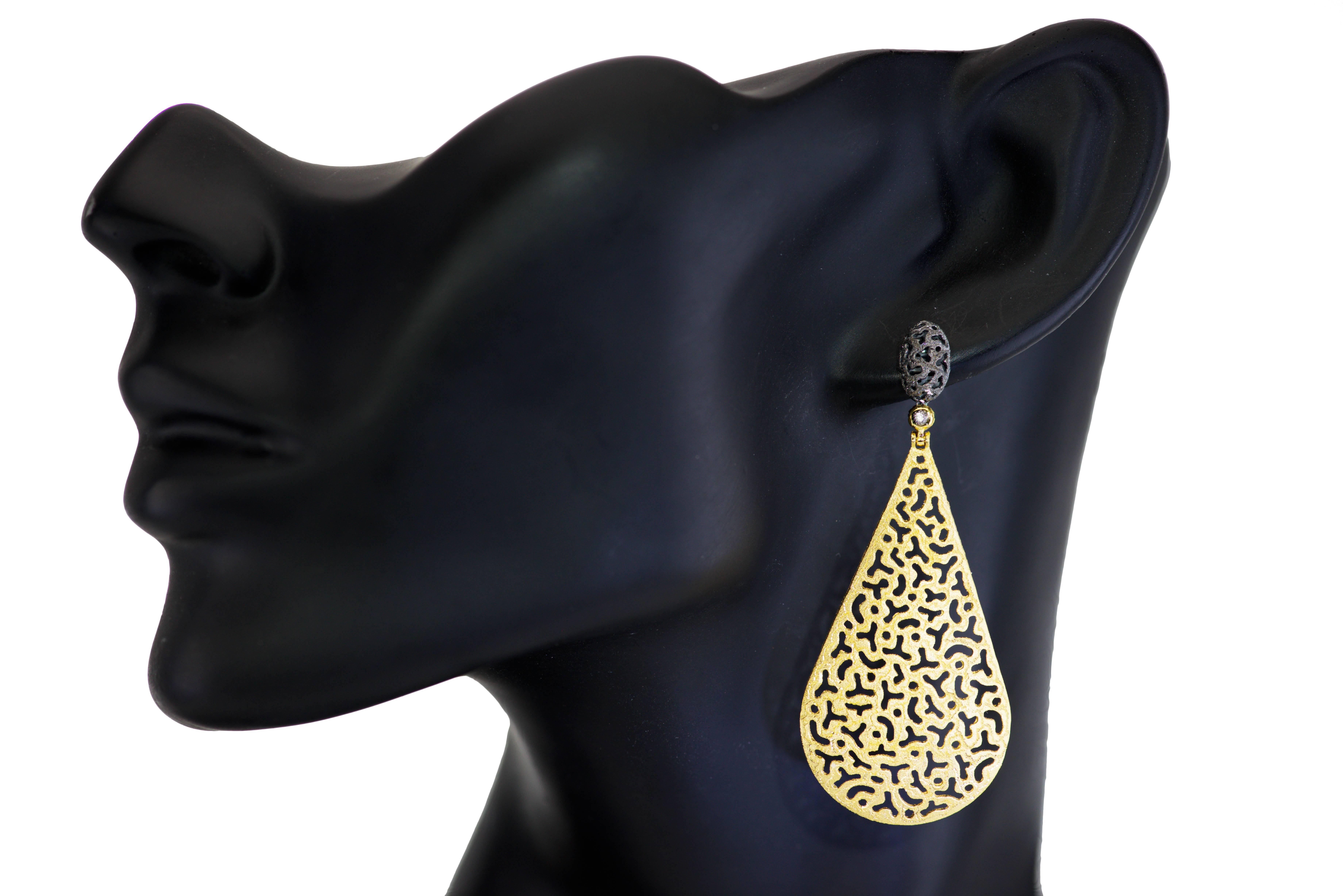 Drop Dangle Gold Earrings w Textured Open Work by Alex Soldier Ltd Ed Handmade 1