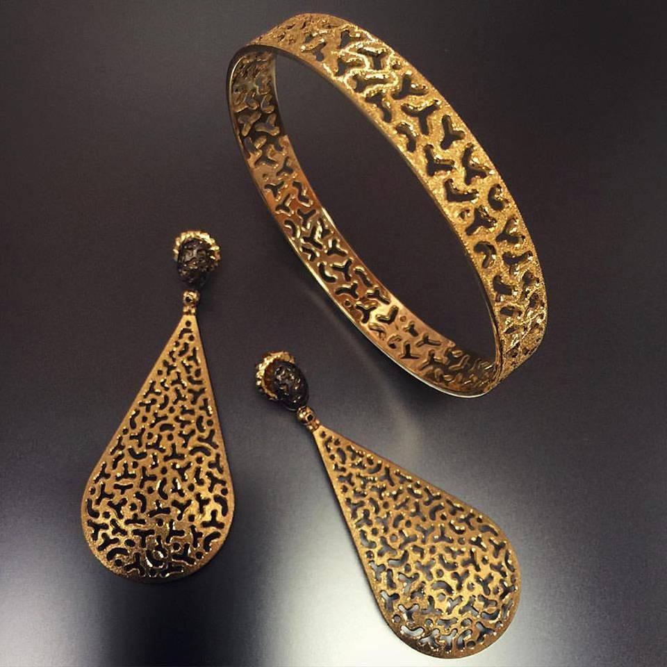 Drop Dangle Gold Earrings w Textured Open Work by Alex Soldier Ltd Ed Handmade 2