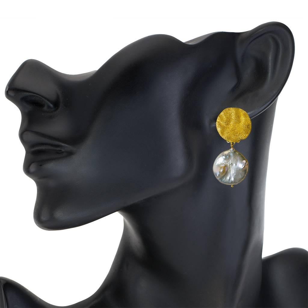 Women's Silver & Gold Textured Drop Dangle Pearl Earrings. Handmade in NYC. 