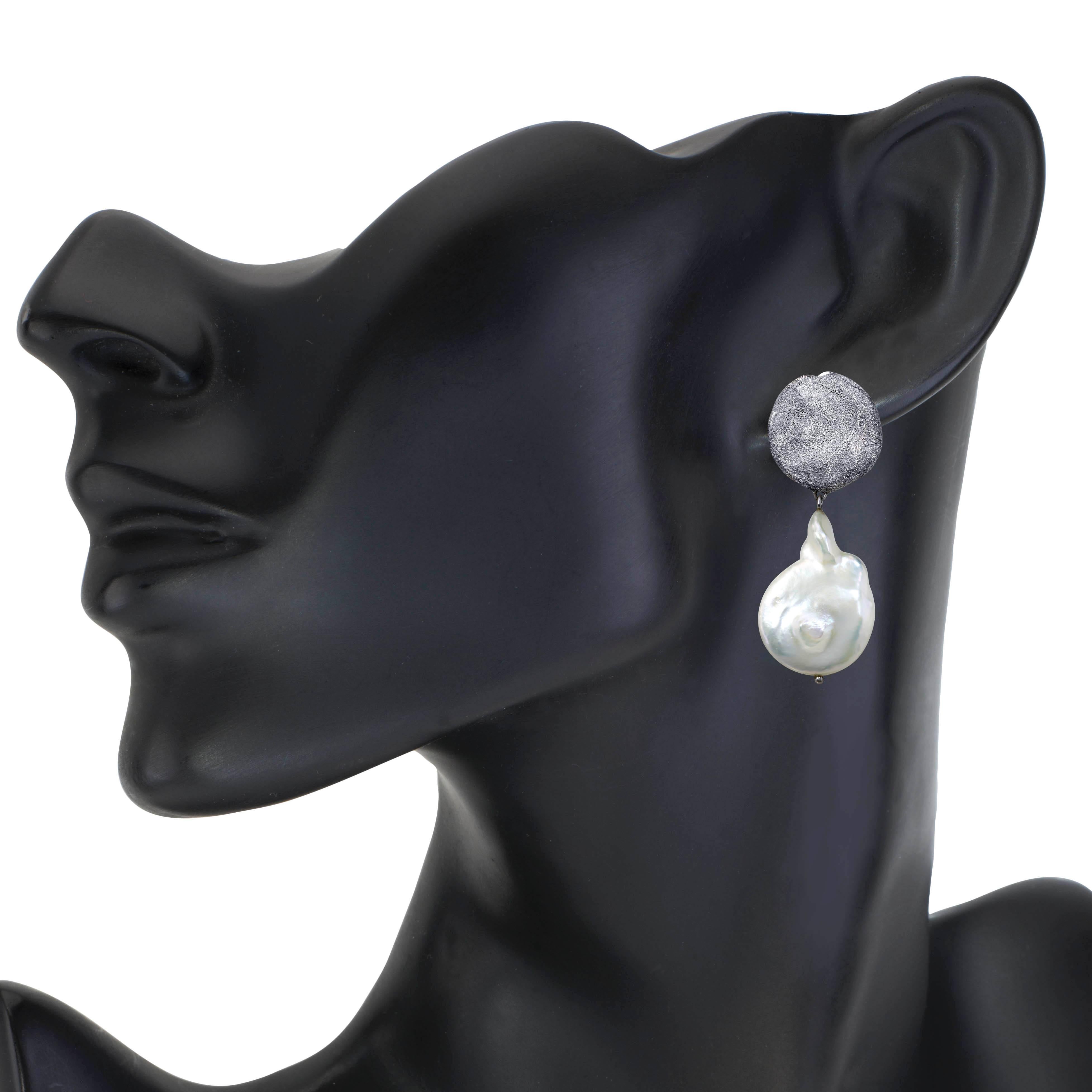 Women's Silver and Platinum Textured Drop Dangle Pearl Earrings. Handmade in NYC.Ltd Ed.