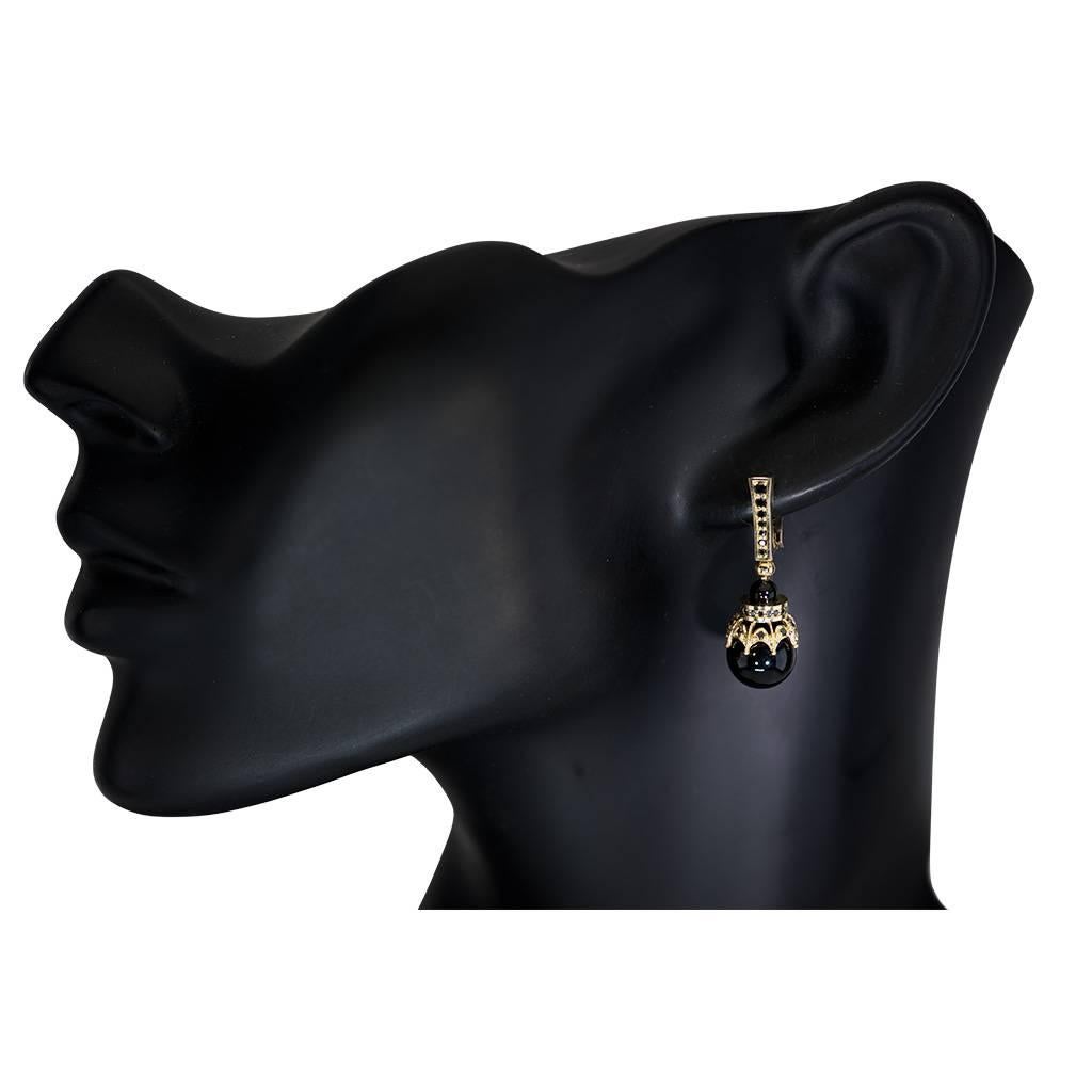 Black Diamonds Black Onyx Yellow Gold Crown Earrings Handmade in NYC Ltd Ed 2