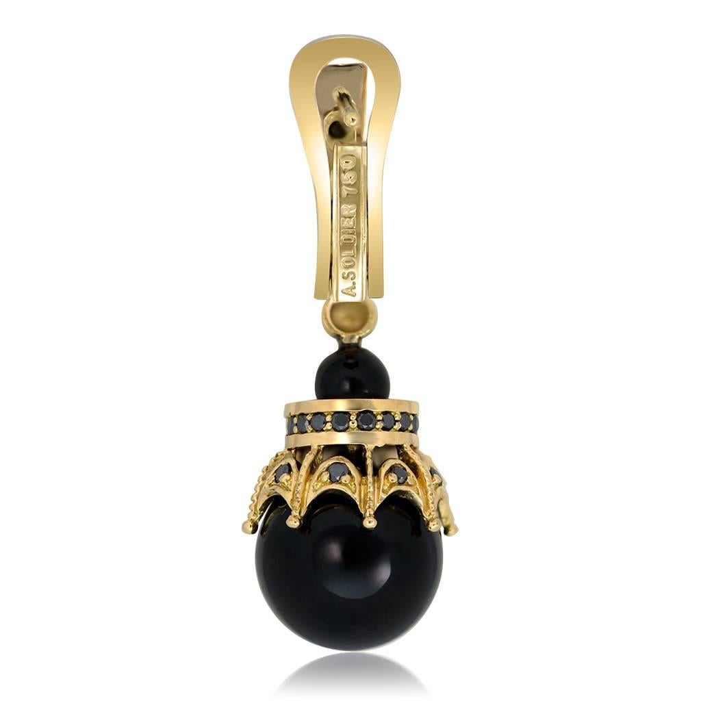 Black Diamonds Black Onyx Yellow Gold Crown Earrings Handmade in NYC Ltd Ed 1