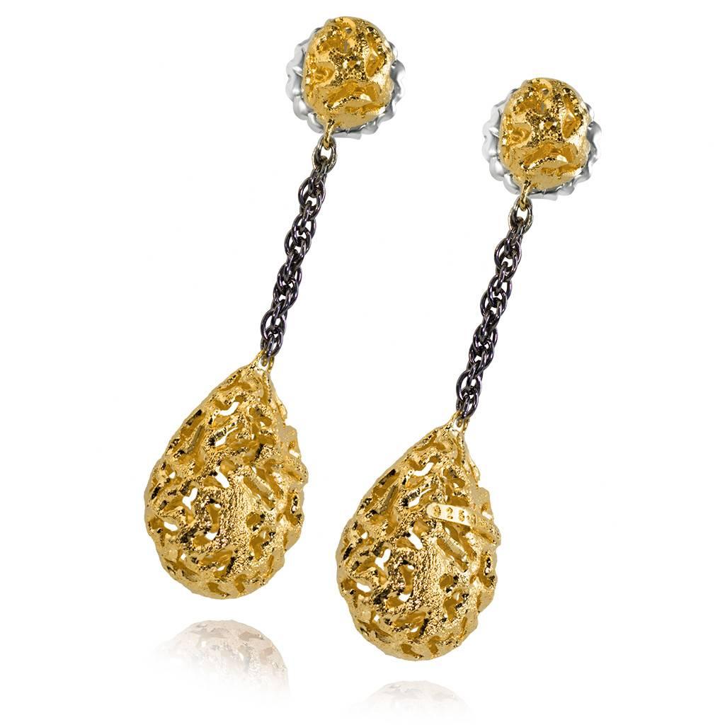 Alex Soldier Drop Dangle Meteorite Earrings made in silver, infused (deep plating) with 24 karat yellow gold and dark platinum (rhodium) and signature metalwork that creates an effect of inner sparkle. Special open work technique makes these