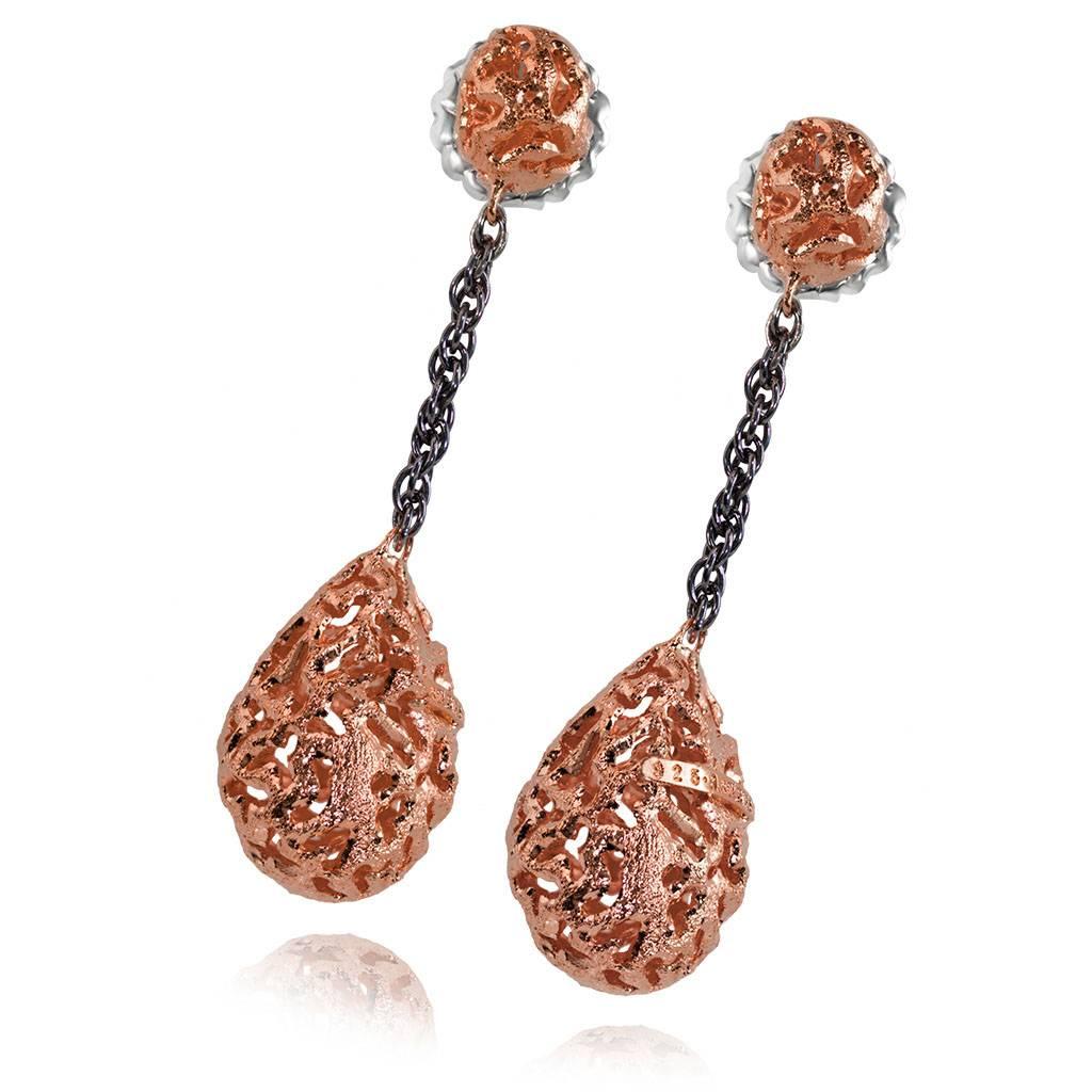 Alex Soldier Drop Dangle Meteorite Earrings made in silver, infused (deep plating) with 18 karat rose gold and dark platinum (rhodium), with signature metalwork that creates an effect of inner sparkle. Special open work technique makes these