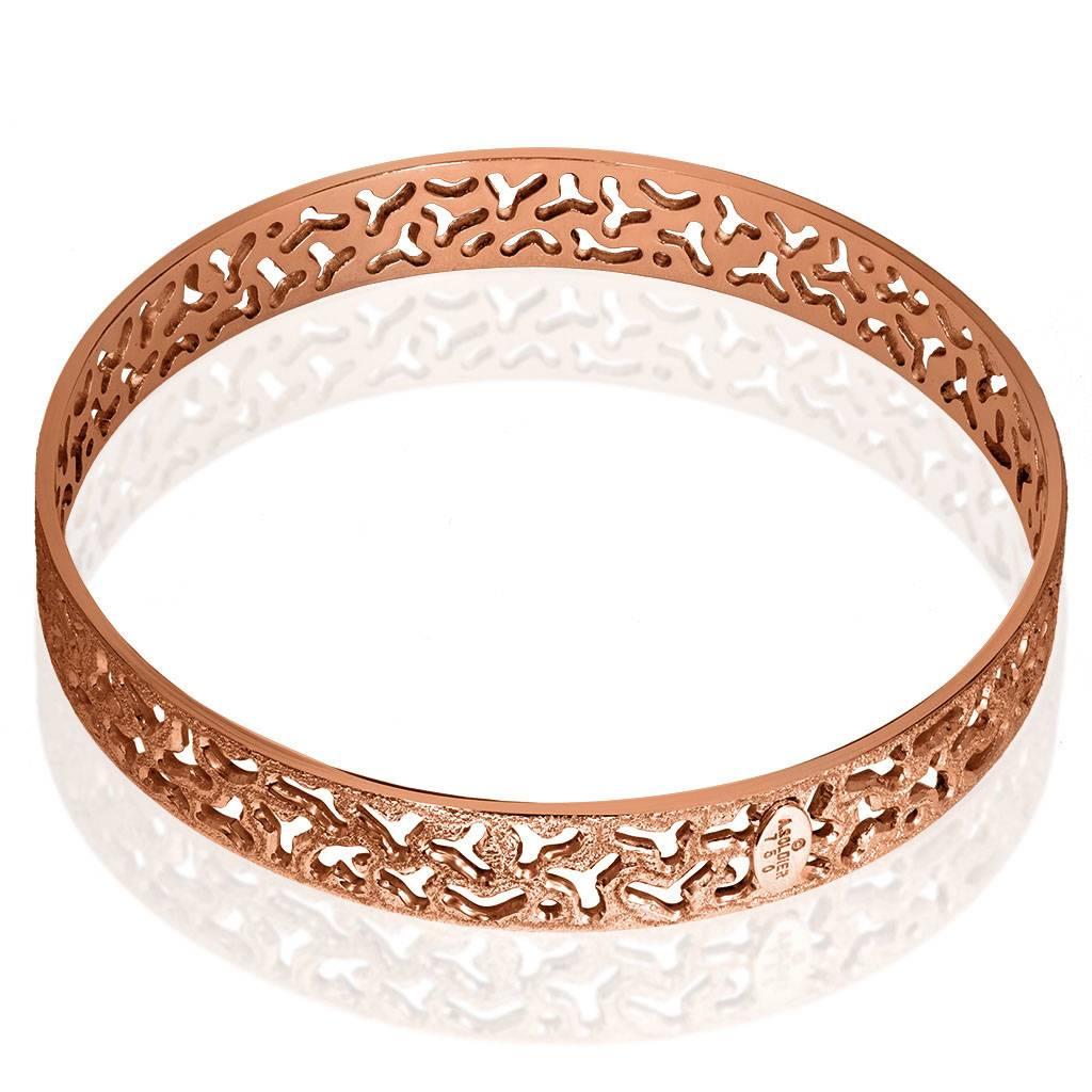 Alex Soldier Textured Bangle Bracelet: made in silver with 18 karat rose gold infusion (deep plating) and signature metalwork that creates an illusion of a diamond inlay. Special open work technique makes this stunning bangle practically weightless.