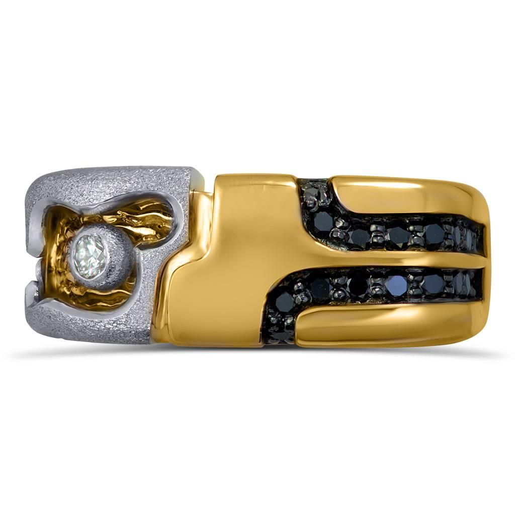 Alex Soldier Hidden Realms Men's Ring in 18 karat yellow and white gold with black and white diamonds. Total carat weight: 0.43 ct. Ring size: 10. Limited Edition. Handmade in NYC. Complimentary ring sizing is available within 2 business days.