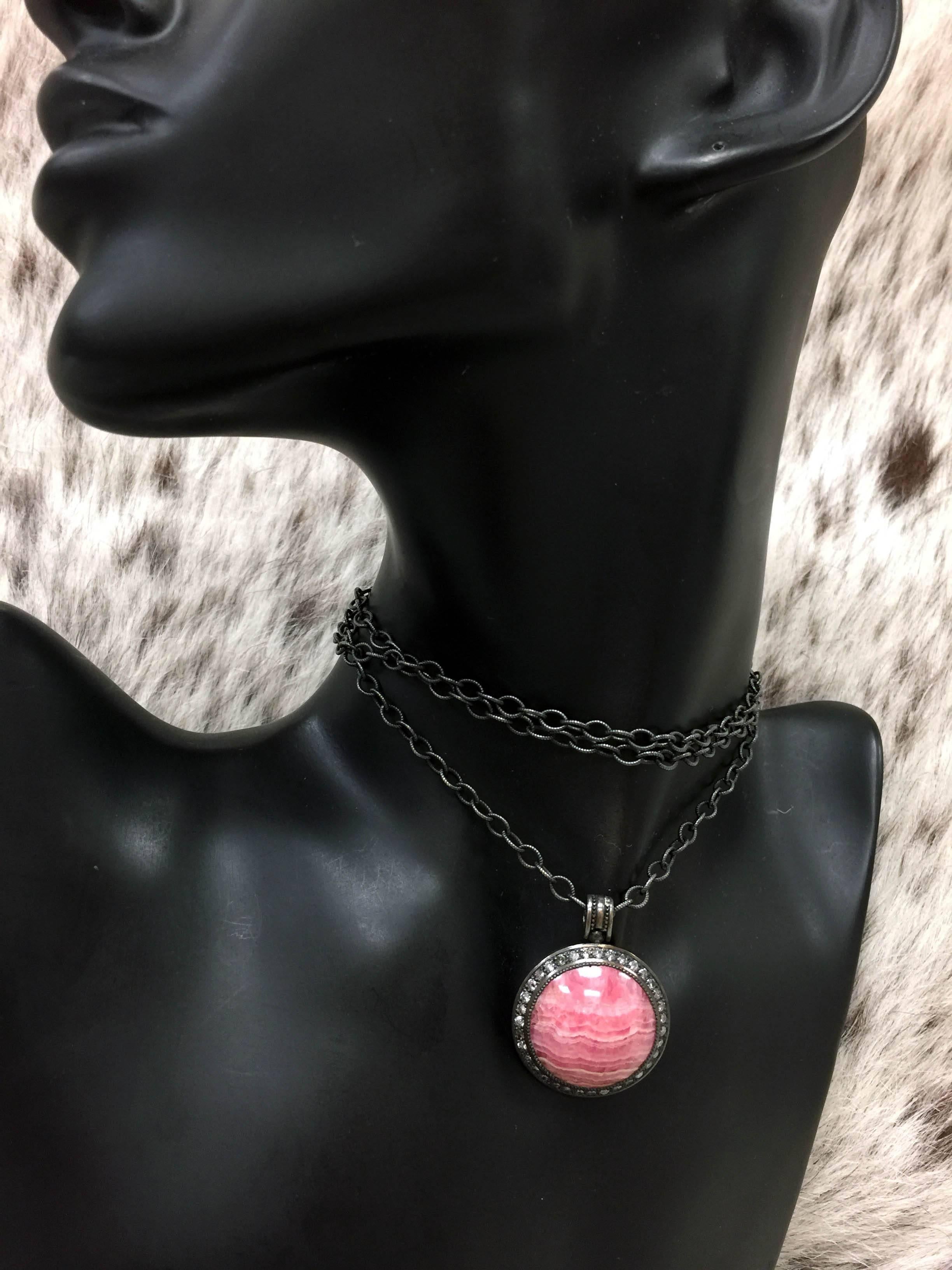 Alex Solider Rhodochrosite & Diamond Oxidized Silver Pendant Choker Necklace on 30 inch black silver chain that allows versatile wear. One of a kind. Handmade in NYC. Inspired by the grandeur of antiquity, the Symbolica collection is enriched