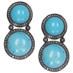 Turquoise Diamond Oxidized Silver Drop Earrings One of a Kind Handmade in NYC 11