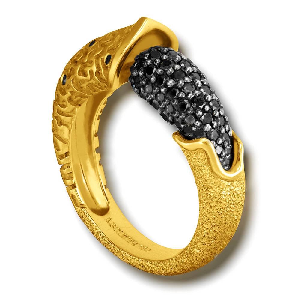 Alex Soldier Acorn Ring in 18 karat yellow gold with black diamonds (0.6 ct.) and signature metalwork. Handmade in NYC. One of a kind. Ring size: 6.25. Ring sizing is available within 2 business days.