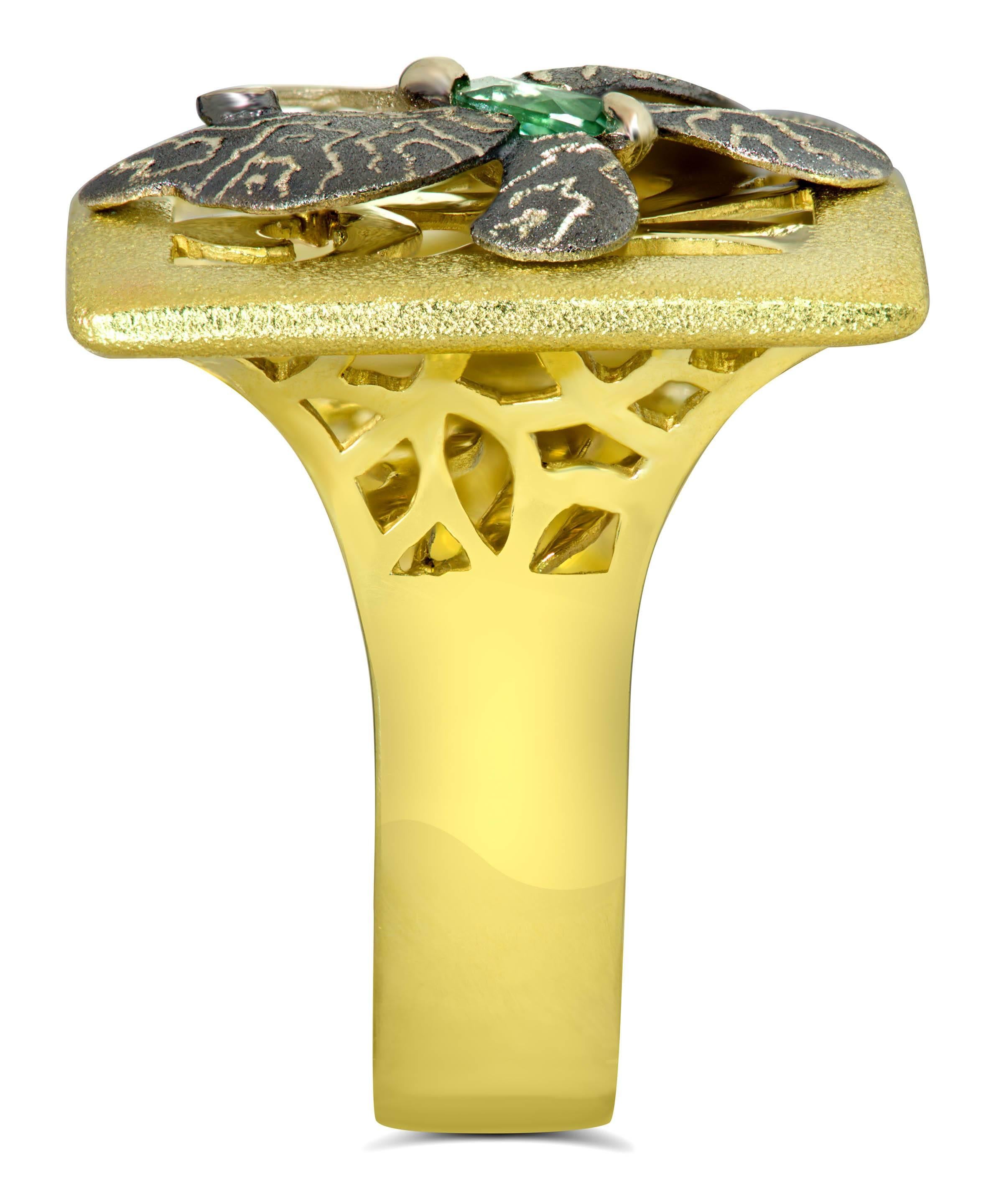 Alex Soldier Tourmaline Yellow Gold Butterfly Textured Ring One of a Kind In New Condition In New York, NY