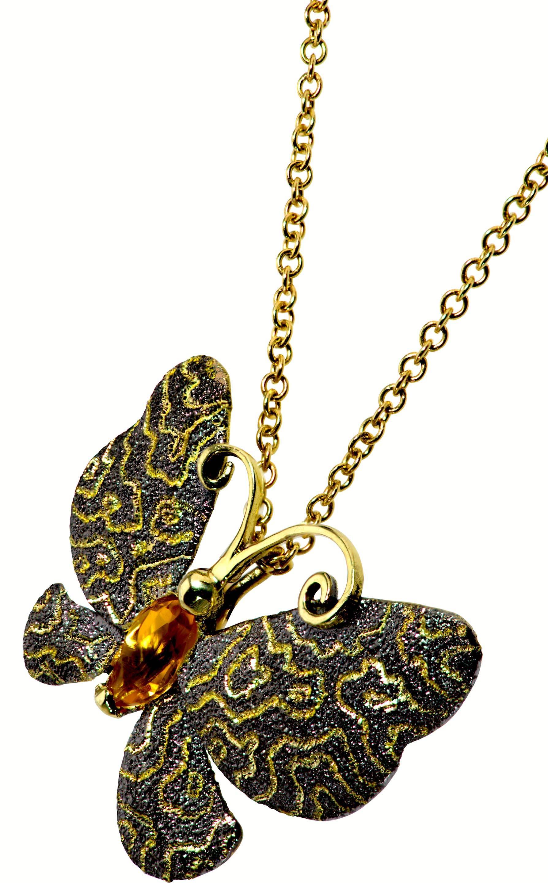 Alex Soldier's Butterfly collection is dedicated to celebration of life. Butterflies remind us to enjoy the moment and embrace change. Made in 18 karat yellow gold with honey citrine (0.3 ct), this lovely butterfly pendant/pin is suspended on 18
