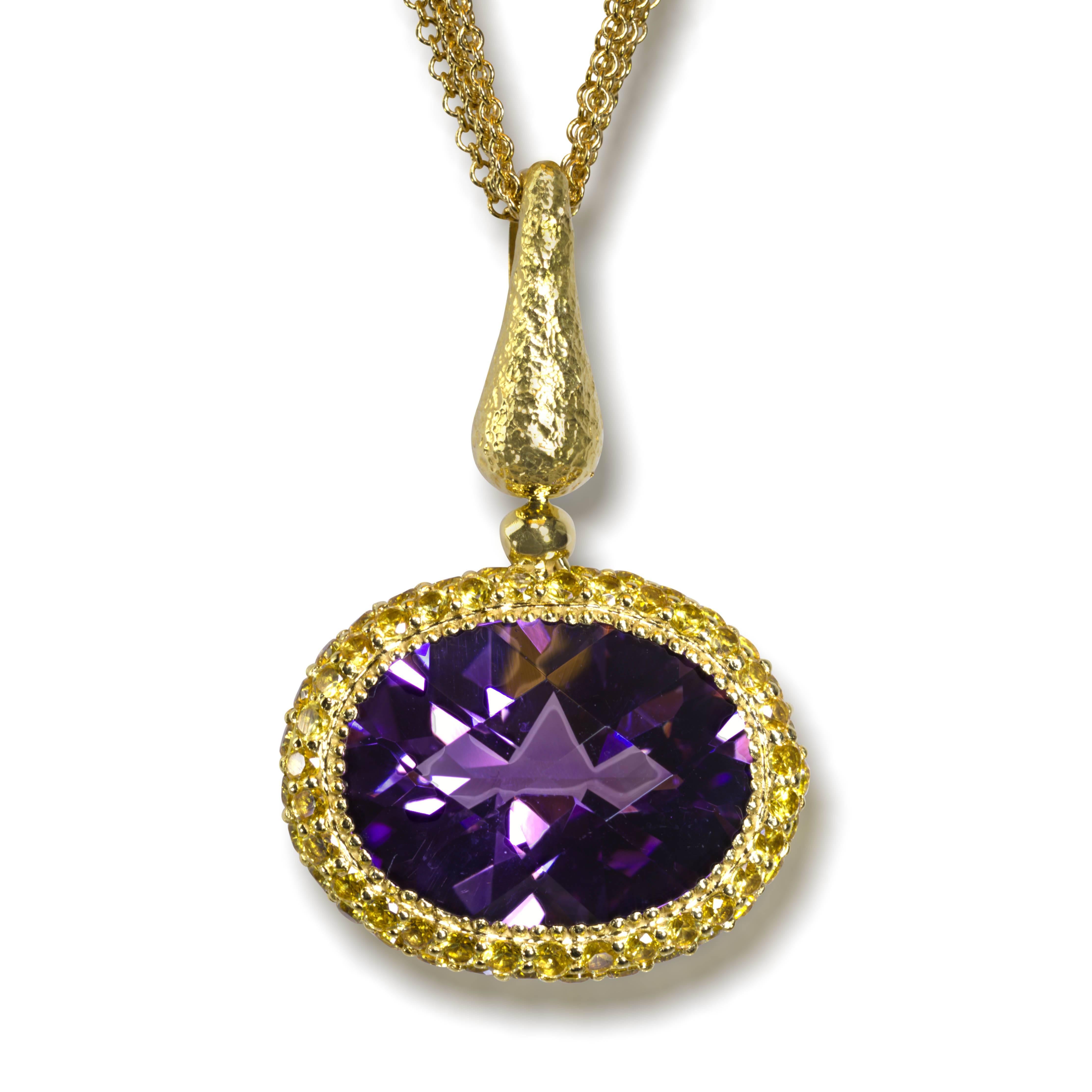 Alex Soldier's Cocktail Art Pendant is made in 18 karat yellow gold with 9 carats of amethyst and 2.2 carats of yellow sapphires. This gorgeous pendant features Alex Soldier's signature metalwork and includes 18 karat yellow gold multi-strand chain,