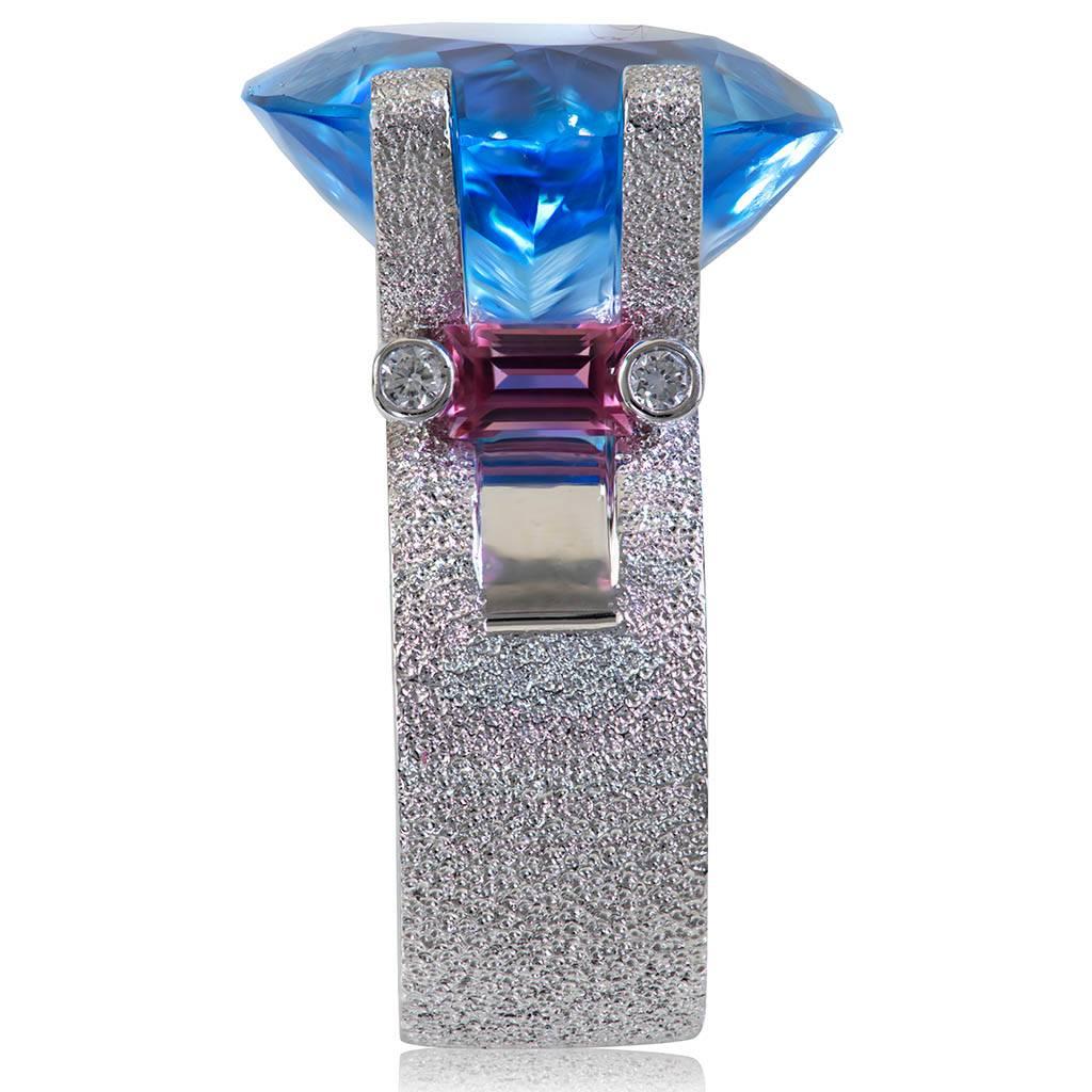 Women's Blue Topaz Tourmaline Diamond White Gold Ring One of a Kind