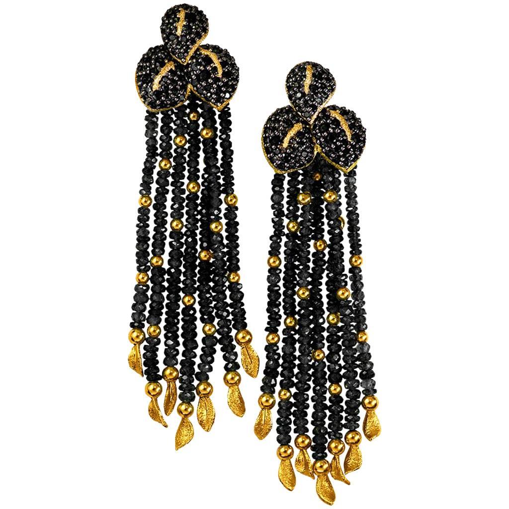 Spinel Textured Gold Leaf Drop Tassel Earrings One of a Kind