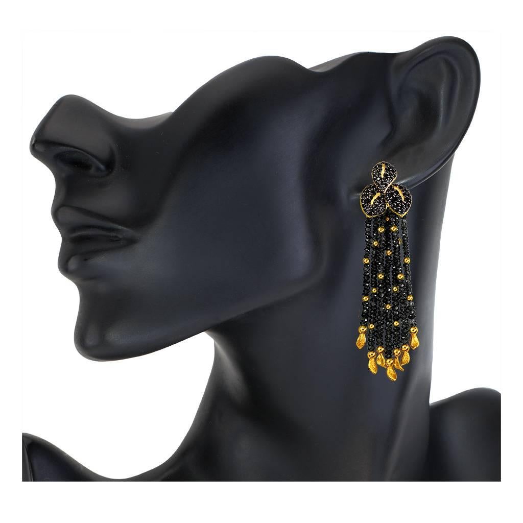 Spinel Textured Gold Leaf Drop Tassel Earrings One of a Kind In New Condition In New York, NY