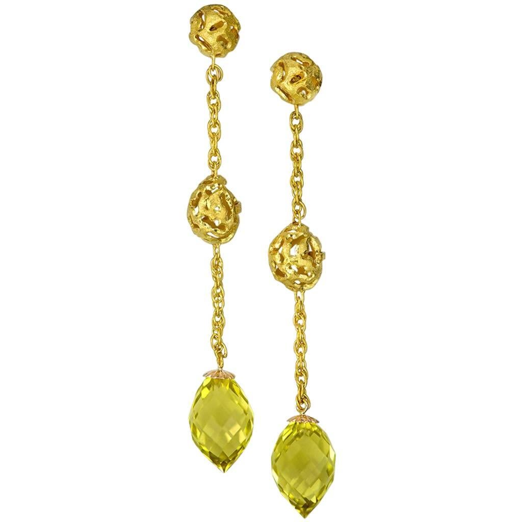 Lemon Citrine Yellow Gold Textured Drop Earrings One of a Kind