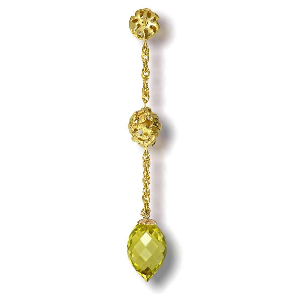 Lemon Citrine Yellow Gold Textured Drop Earrings One of a Kind In New Condition In New York, NY