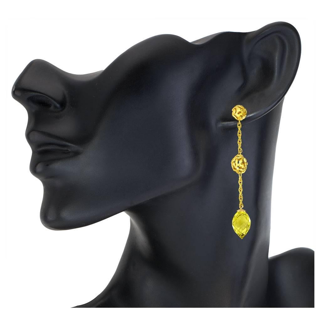 Women's Lemon Citrine Yellow Gold Textured Drop Earrings One of a Kind