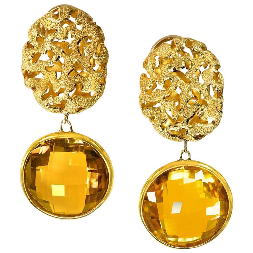Citrine Yellow Gold Textured Drop Earrings One of a Kind