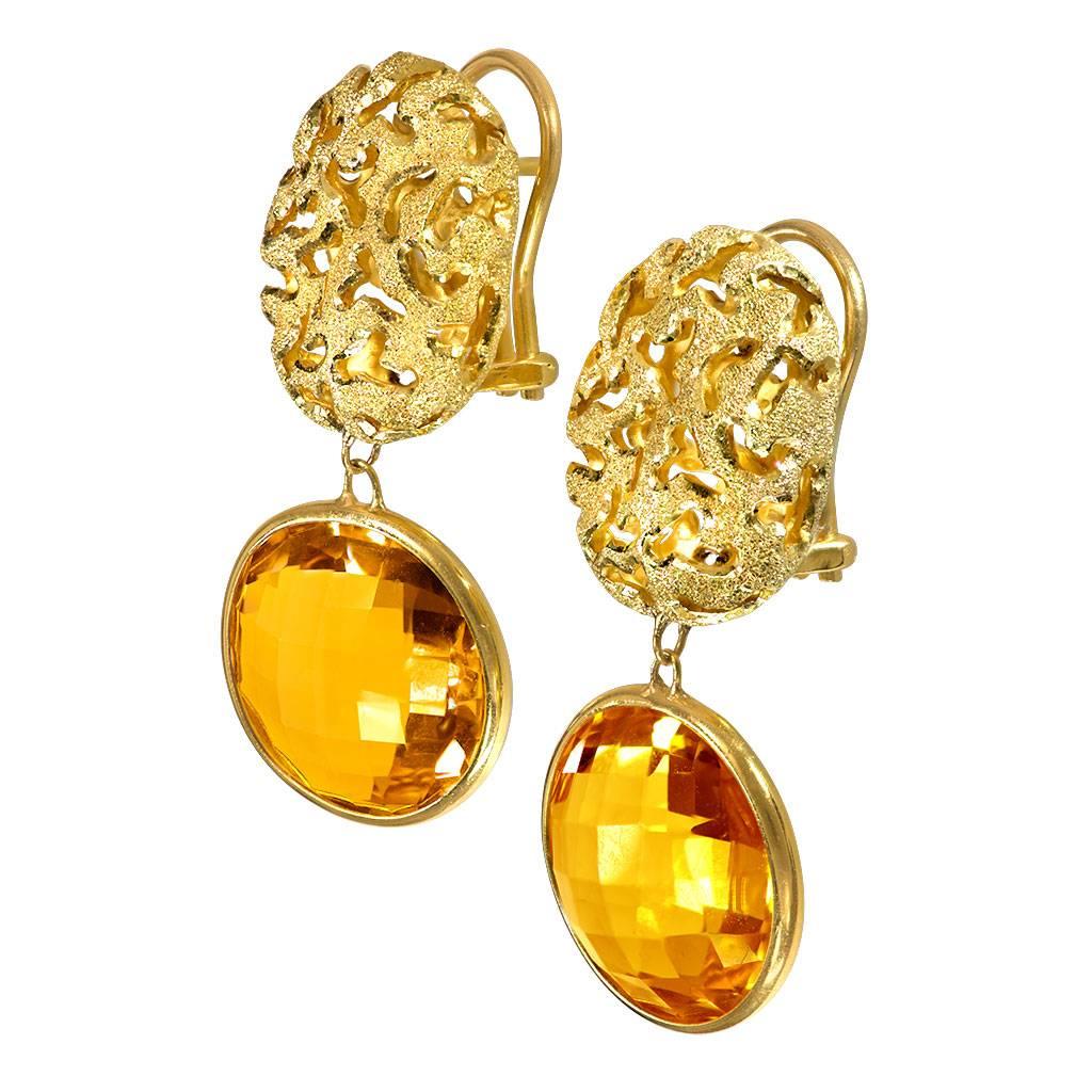 Alex Soldier Citrine Drop Earrings: made in 14 karat yellow gold with 18 carats of citrine stones and signature metalwork that create an illusion of diamond inlay. One of a kind. Handmade in NYC. Complimentary conversion to clip-on earrings is