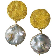 Pearl Sterling Silver Gold Textured Drop Dangle Clip-on Earrings