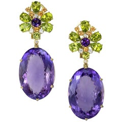 Amethyst Peridot Garnet Diamond Gold Drop Earrings One of a kind