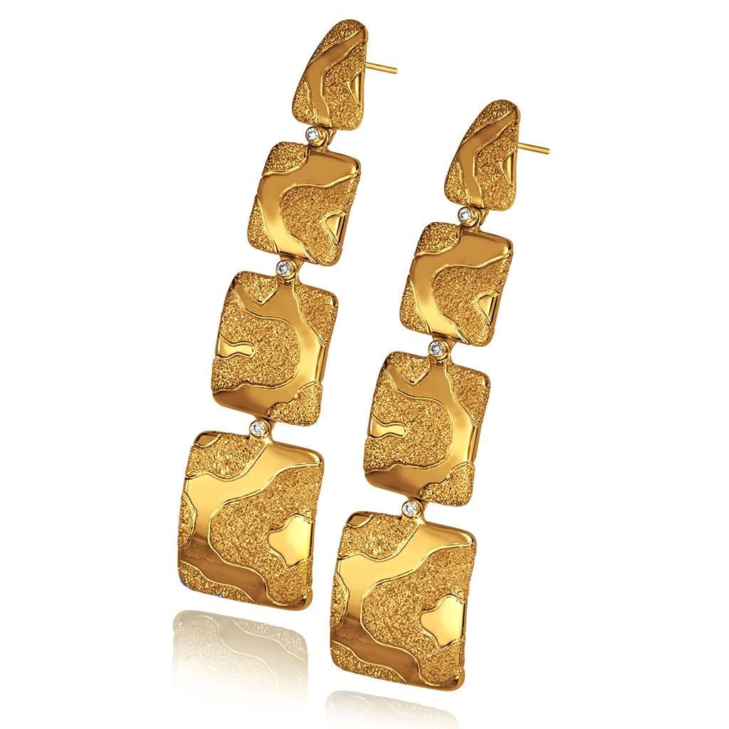 Alex Soldier Gold Cora drop earrings made in 18 karat yellow gold with white diamonds (0.05 ct), finished with signature proprietary metalwork that creates an illusion of inner shimmer. Handmade in NYC. One of a kind. Please note that carat weights