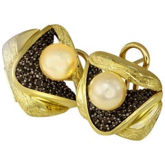 Pearl Diamond Gold Textured Stud Earrings One of a Kind