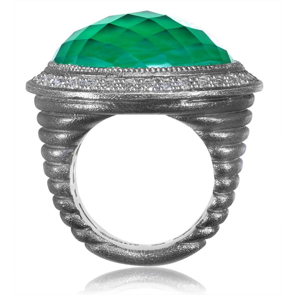 Green Agate Quartz Topaz Oxidized Silver Ring One of a Kind In New Condition In New York, NY