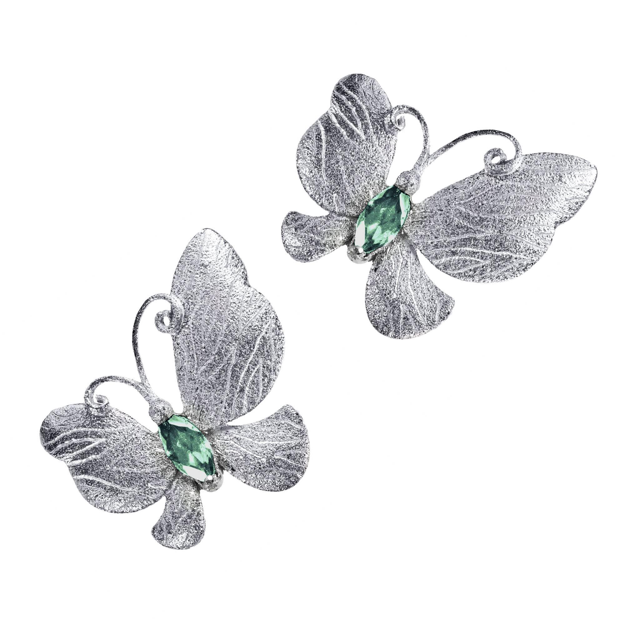 Tourmaline Sterling Silver Platinum Textured Butterfly Earrings One of a Kind