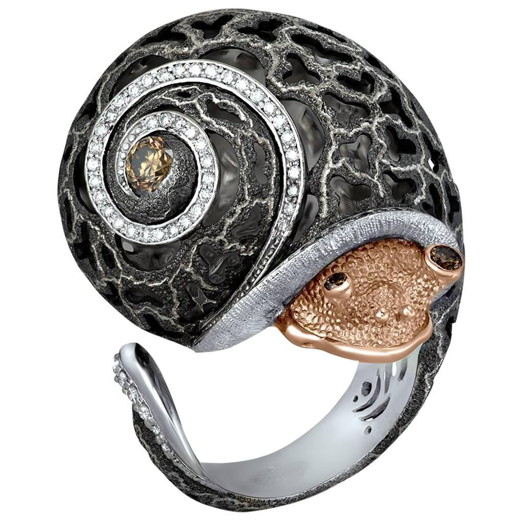 Diamond Gold Blackened Textured Sterling Silver Codi the Snail Ring For Sale