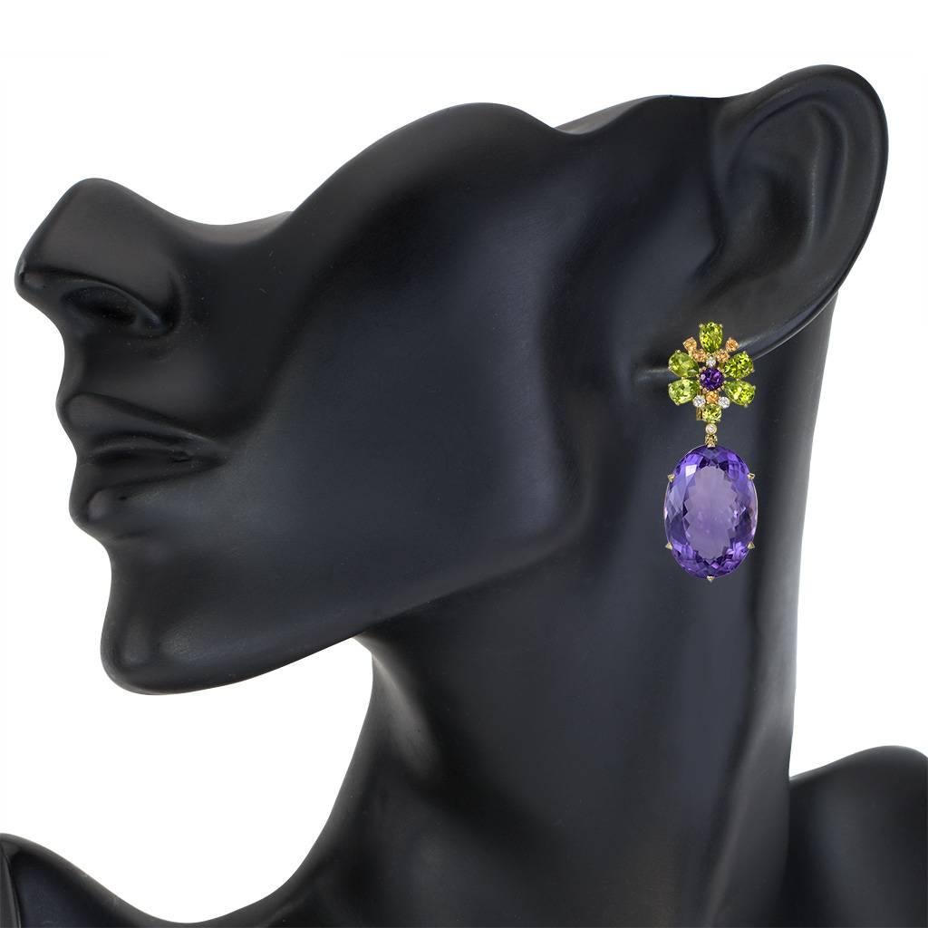Women's Amethyst Peridot Garnet Diamond Gold Drop Earrings