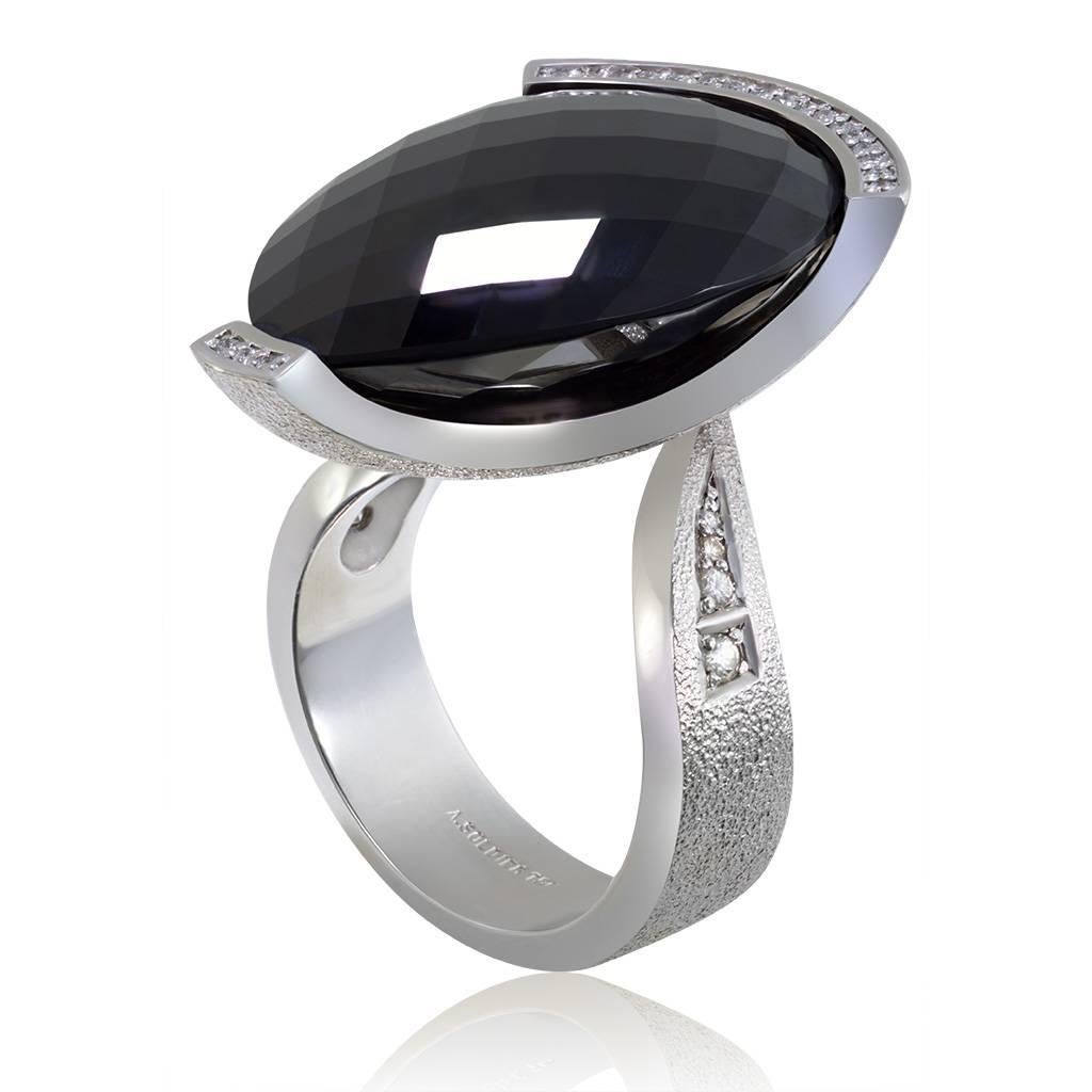 Pear Cut Onyx Diamond White Gold Textured Swan Ring One of a Kind