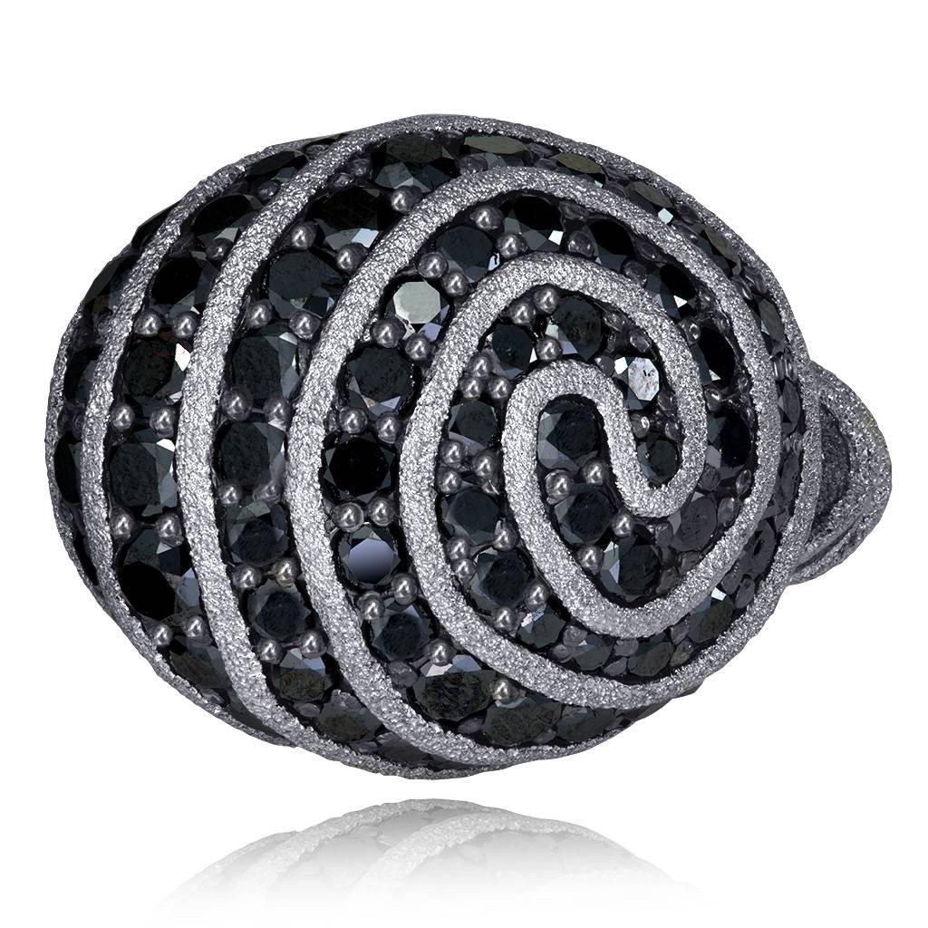 Alex Soldier's Diamond Swirl Art Ring is made in blackened 18 karate white gold with 7 carats of black diamonds and signature metalwork. Handmade in NYC. One of a kind. Ring size: 6.5. Complimentary ring sizing is available within 2 business days.