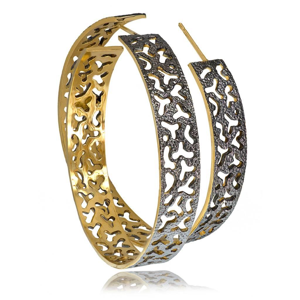 Alex Soldier Hoop Earrings: made in silver with 24k yellow gold and dark platinum (rhodium) infusion (deep plating) and signature metalwork that creates an illusion of a diamond inlay. Special open work technique makes these stunning earrings