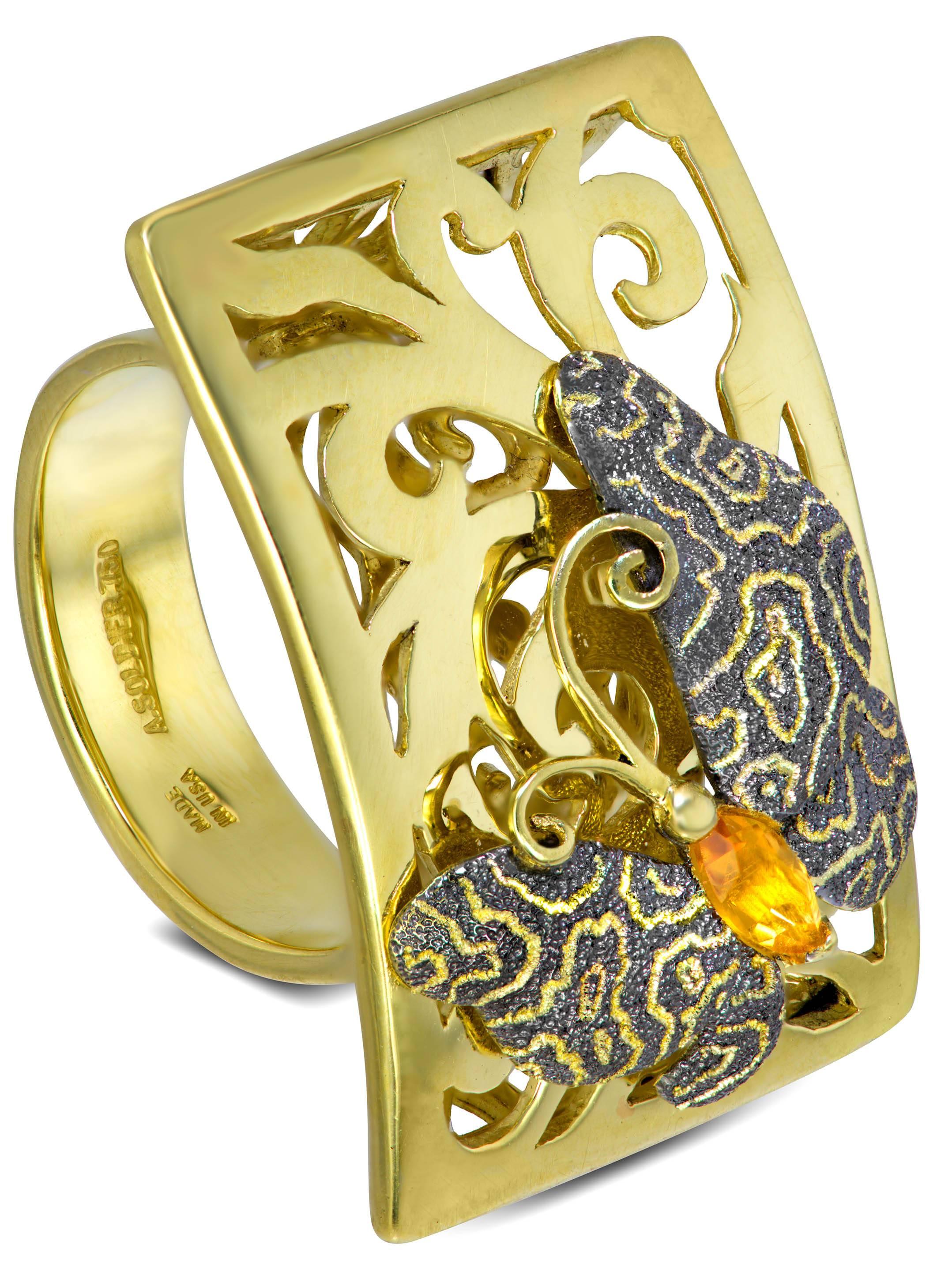 Marquise Cut Citrine Yellow Gold Textured Butterfly Ring One of a Kind