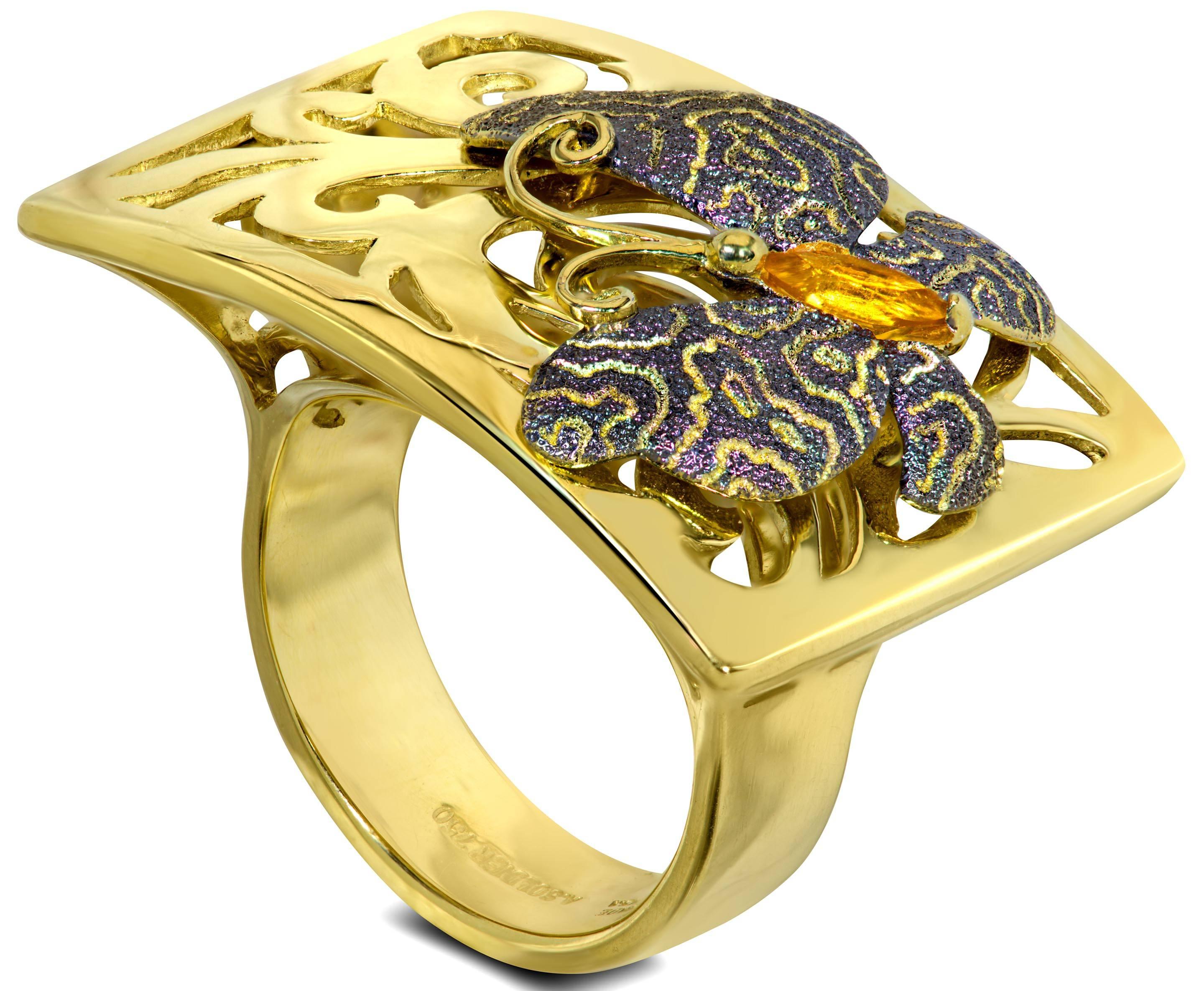 Citrine Yellow Gold Textured Butterfly Ring One of a Kind In New Condition In New York, NY