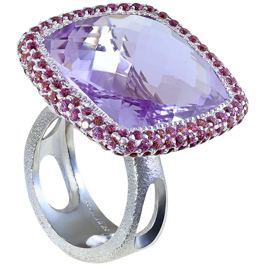 Rose De France Amethyst Garnet White Gold Cocktail Ring One of a Kind