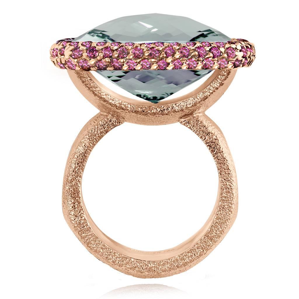 Cushion Cut Green Amethyst Garnet Rose Gold Textured Cocktail Ring One of a Kind
