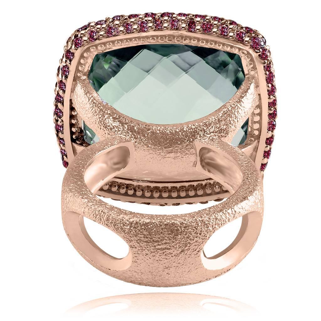 Women's or Men's Green Amethyst Garnet Rose Gold Textured Cocktail Ring One of a Kind